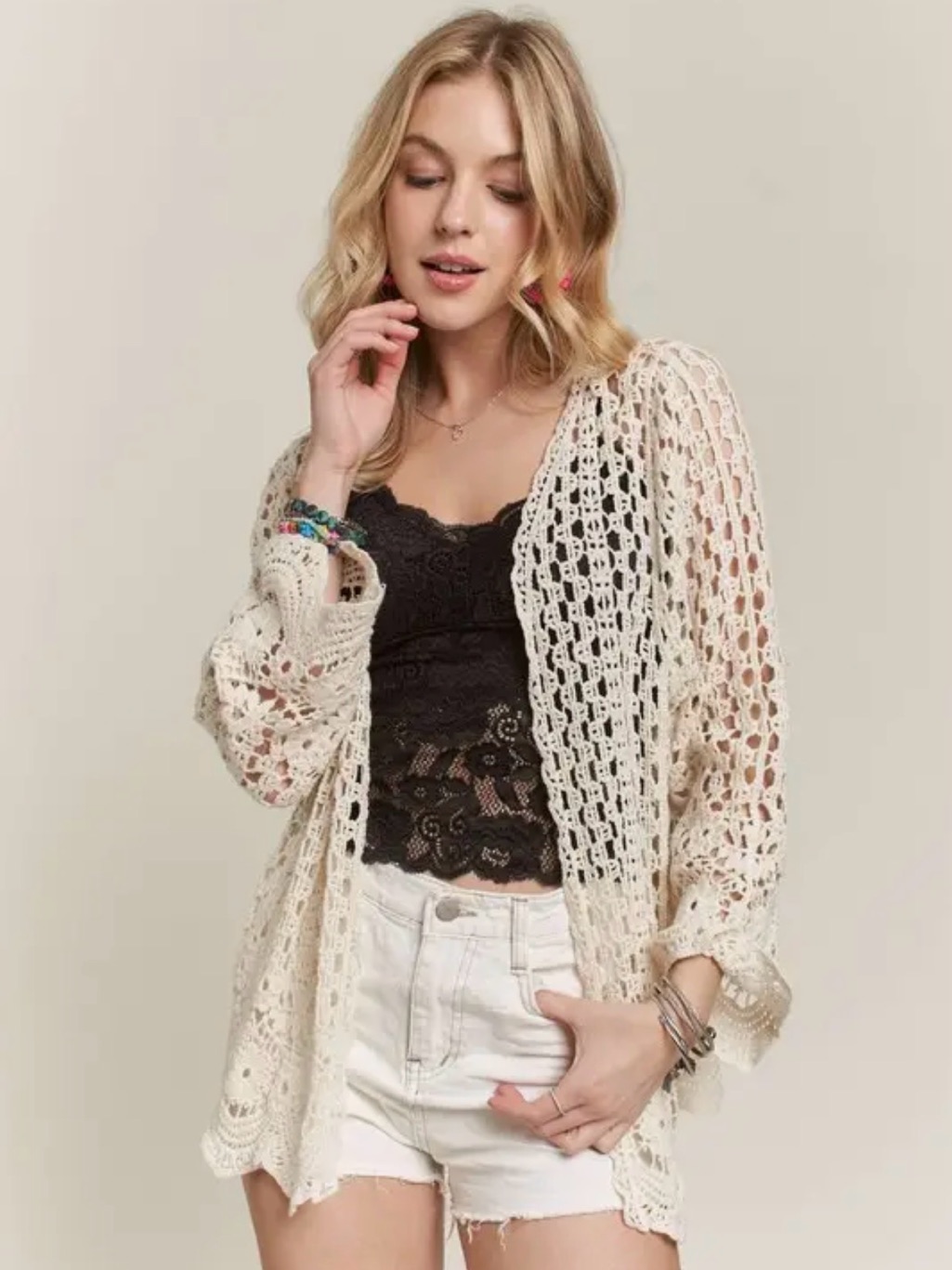 Beige White Lace Crochet Tapestry Patchwork Floral Cardigan Tunic Top Blouse